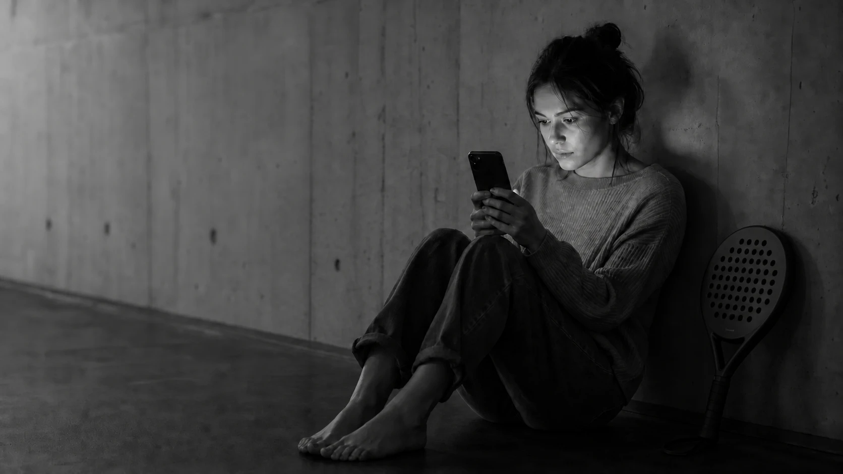 Woman sitting alone, her face lit by the phone she is scrolling