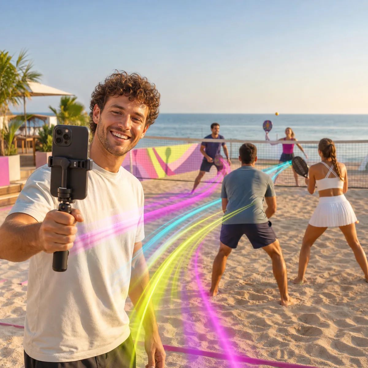 Creator promoting a beach tennis match on a phone