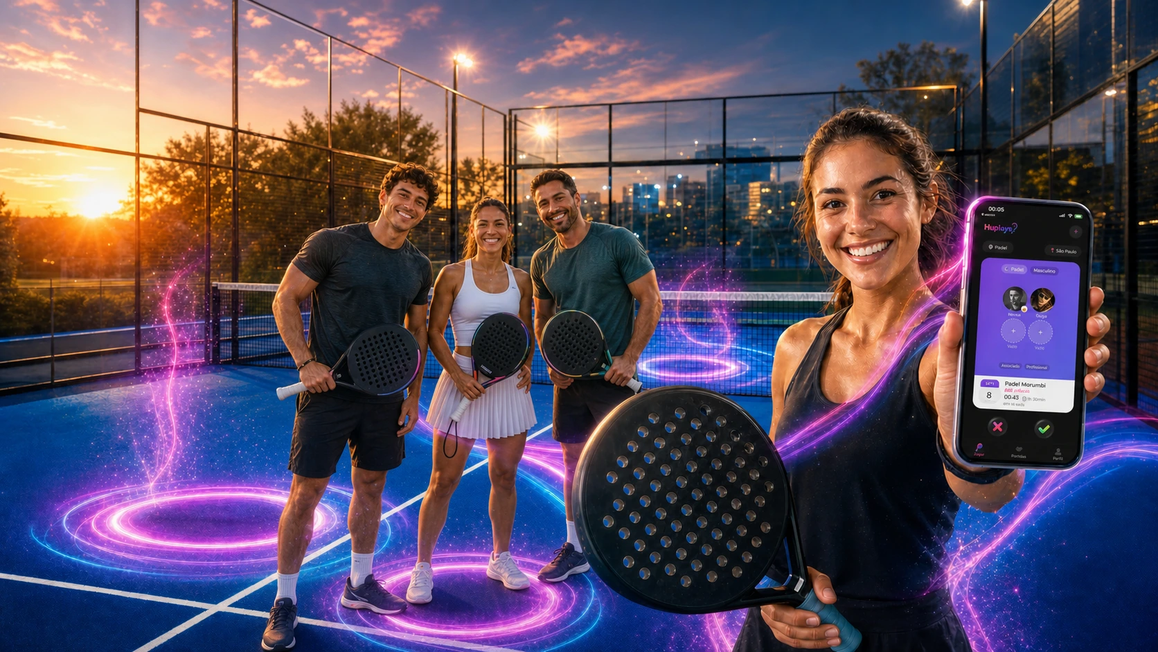 Four padel players smiling together at sunset