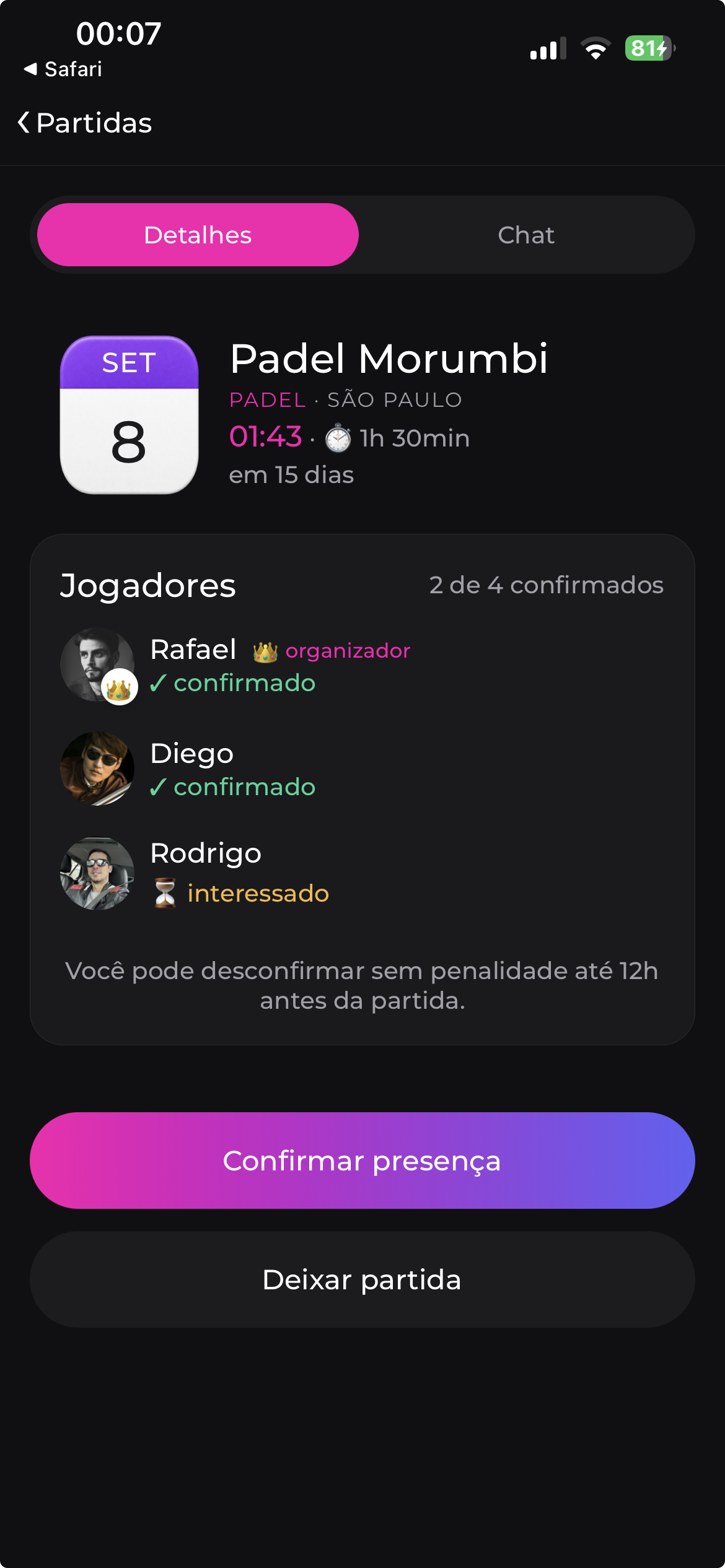 Game screen with confirmed and interested players